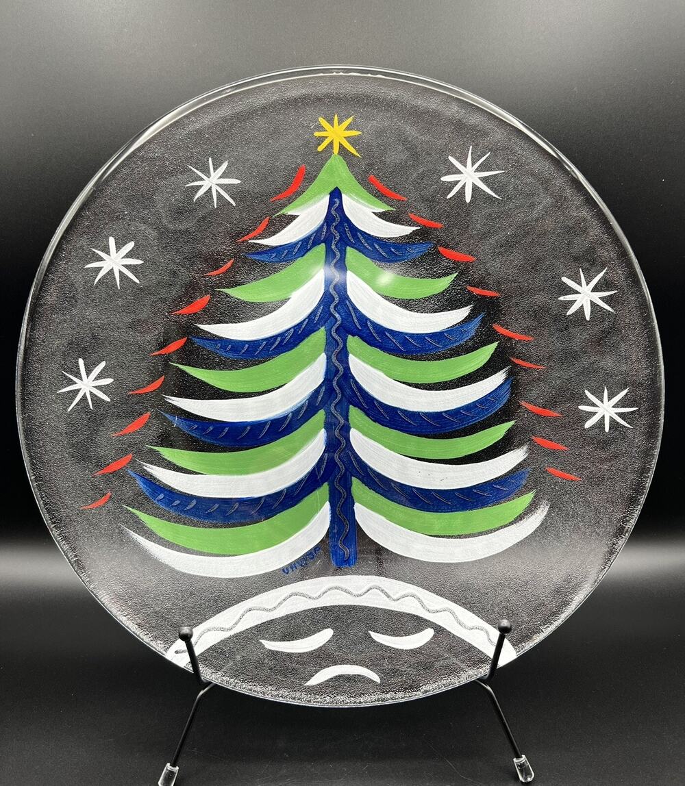 Kosta Boda Hand Painted Christmas Tree Platter 13” Signed Ulrica Hydman-Vallien